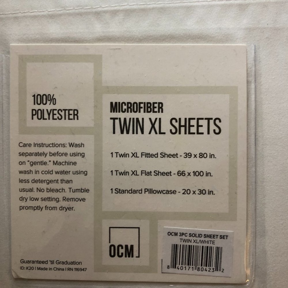 OCM Microfiber Twin XL Sheets Set 3 Piece White Bedding College Dorm Room B67